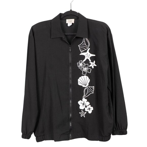 Teddi Beach Windbreaker Jacket L Womens VTG Y2K Black Zip Up Shell Embroidery - Picture 1 of 6